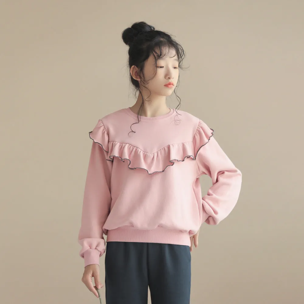荷叶边卫衣/ 微喇叭阔腿裤 Ruffle Trim Sweatshirt/ Flared Wide-Leg Pants