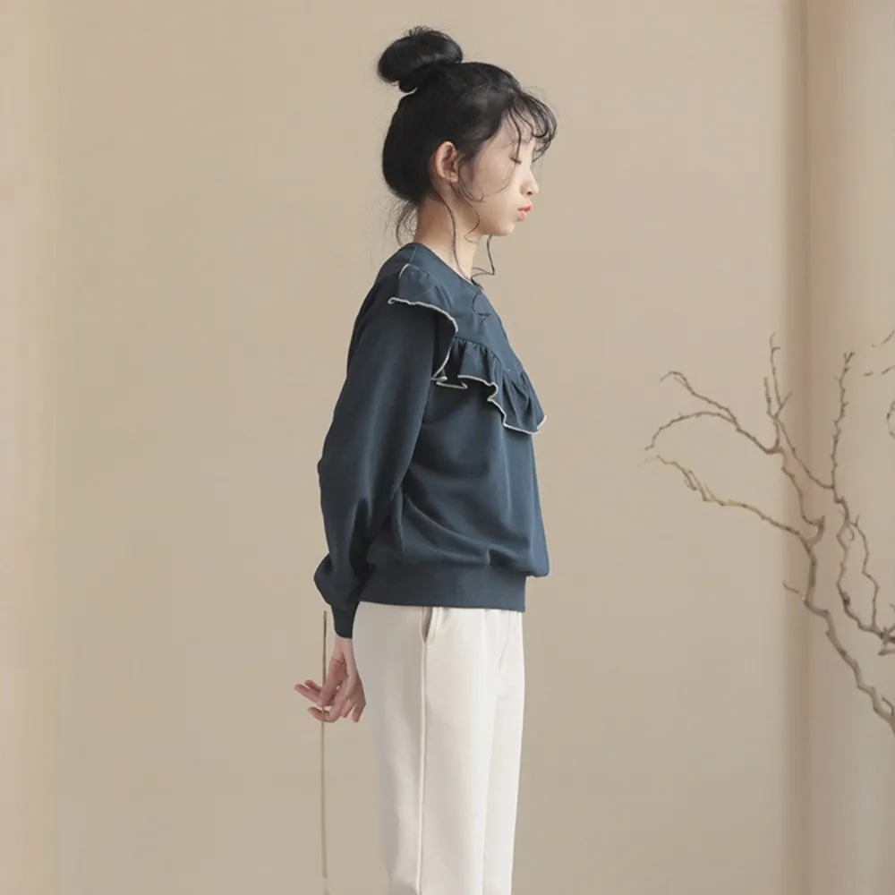 荷叶边卫衣/ 微喇叭阔腿裤 Ruffle Trim Sweatshirt/ Flared Wide-Leg Pants