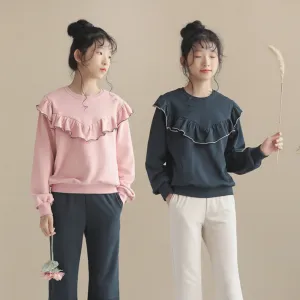 荷叶边卫衣/ 微喇叭阔腿裤 Ruffle Trim Sweatshirt/ Flared Wide-Leg Pants