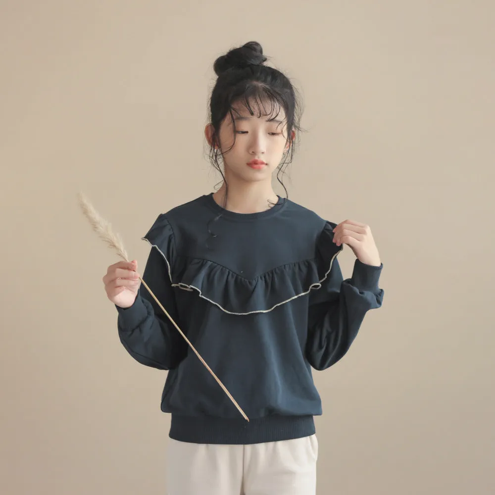 荷叶边卫衣/ 微喇叭阔腿裤 Ruffle Trim Sweatshirt/ Flared Wide-Leg Pants