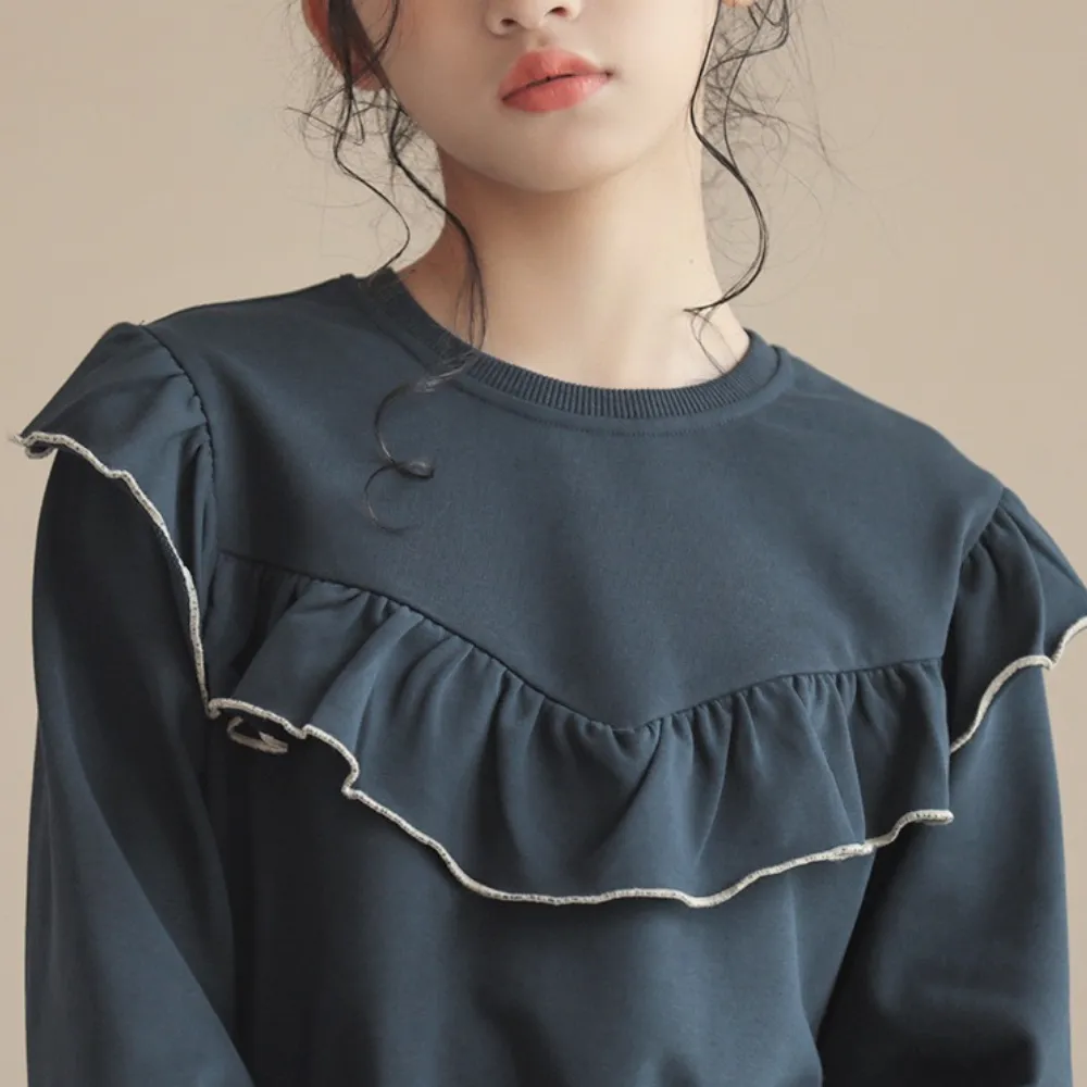 荷叶边卫衣/ 微喇叭阔腿裤 Ruffle Trim Sweatshirt/ Flared Wide-Leg Pants