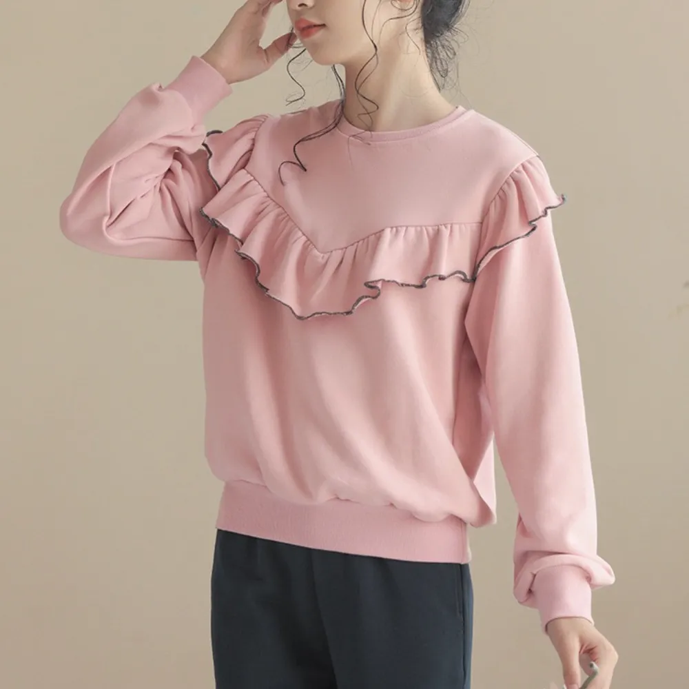 荷叶边卫衣/ 微喇叭阔腿裤 Ruffle Trim Sweatshirt/ Flared Wide-Leg Pants