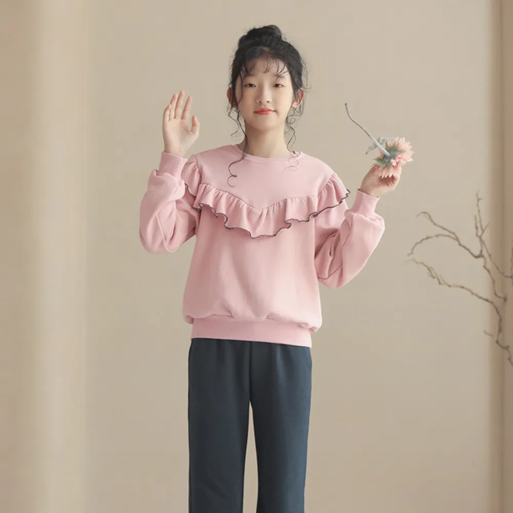 荷叶边卫衣/ 微喇叭阔腿裤 Ruffle Trim Sweatshirt/ Flared Wide-Leg Pants