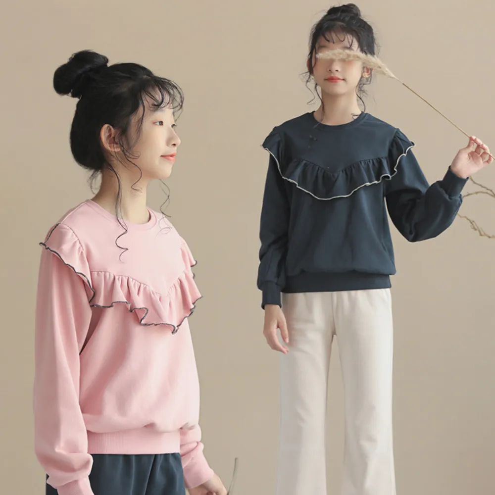 荷叶边卫衣/ 微喇叭阔腿裤 Ruffle Trim Sweatshirt/ Flared Wide-Leg Pants