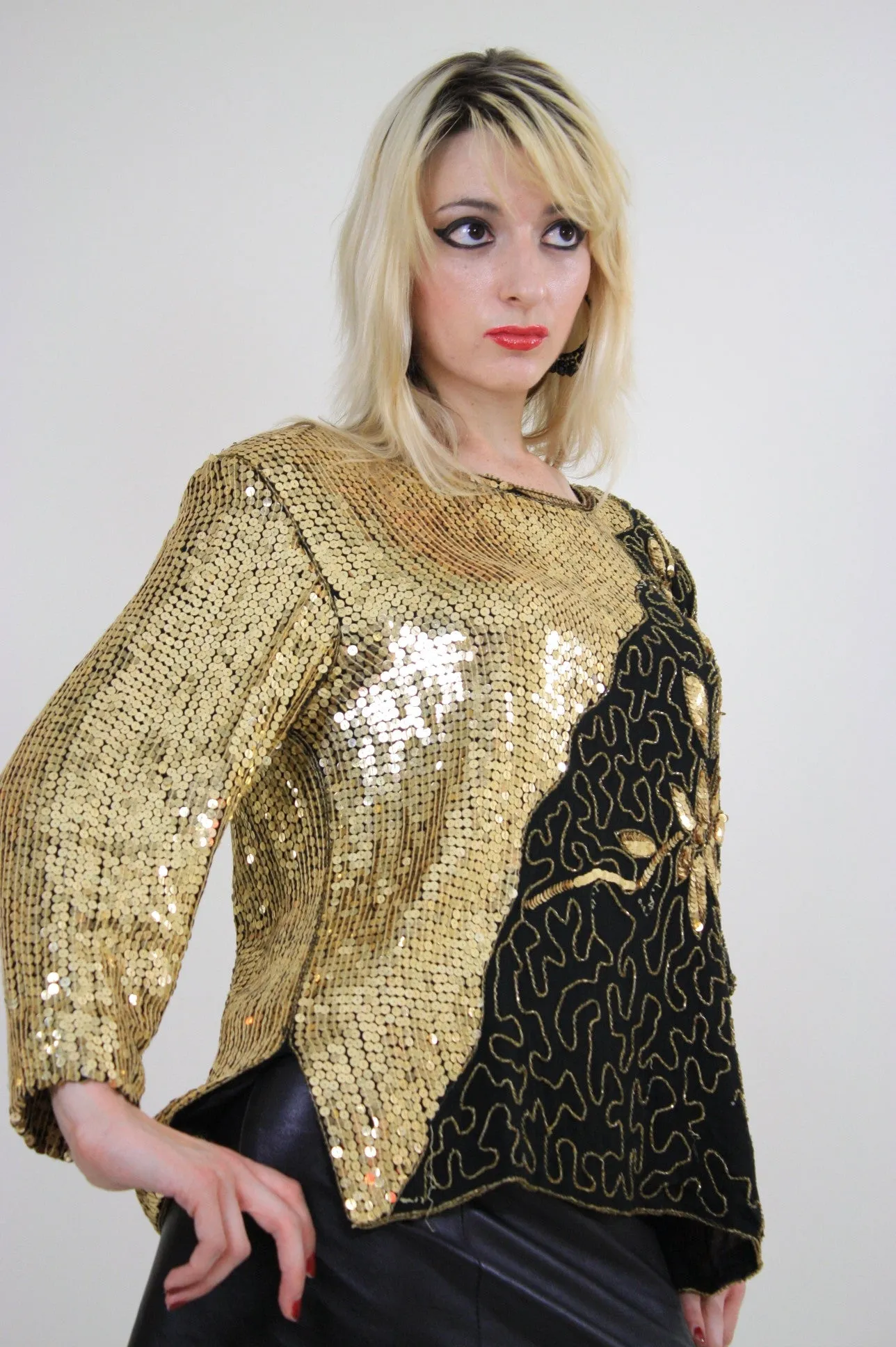 80s beaded metallic sequin top floral design sheer silk
