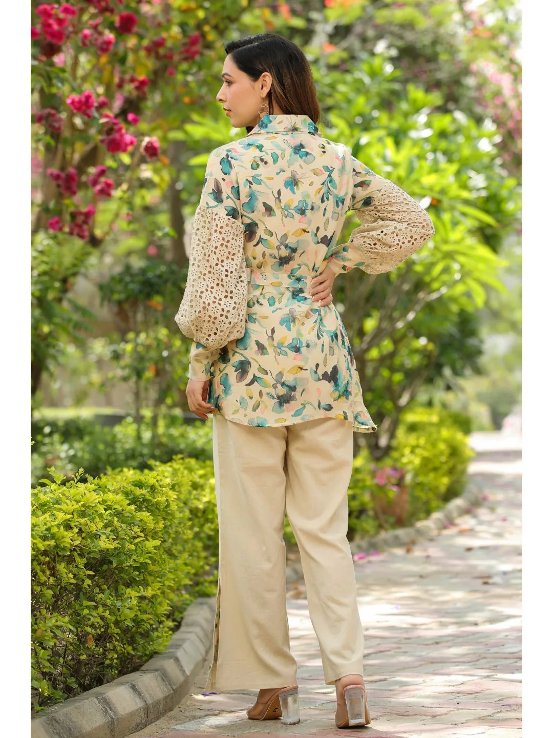 Beige Viscose Schiffli Designed Co-Ord Set