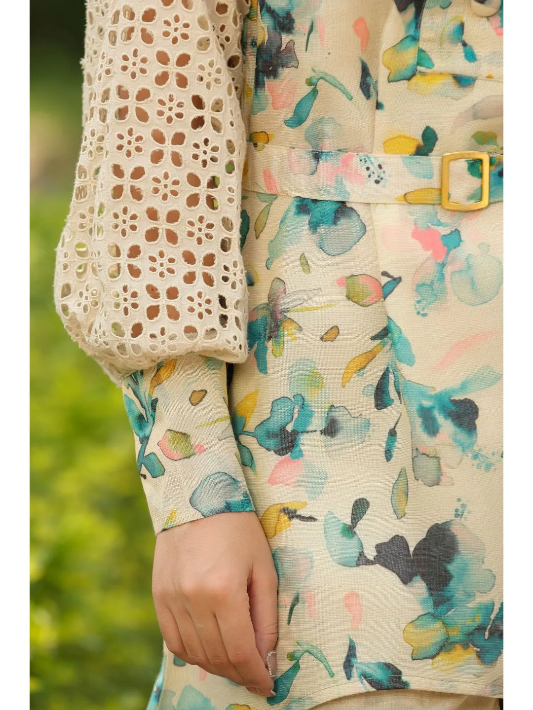 Beige Viscose Schiffli Designed Co-Ord Set