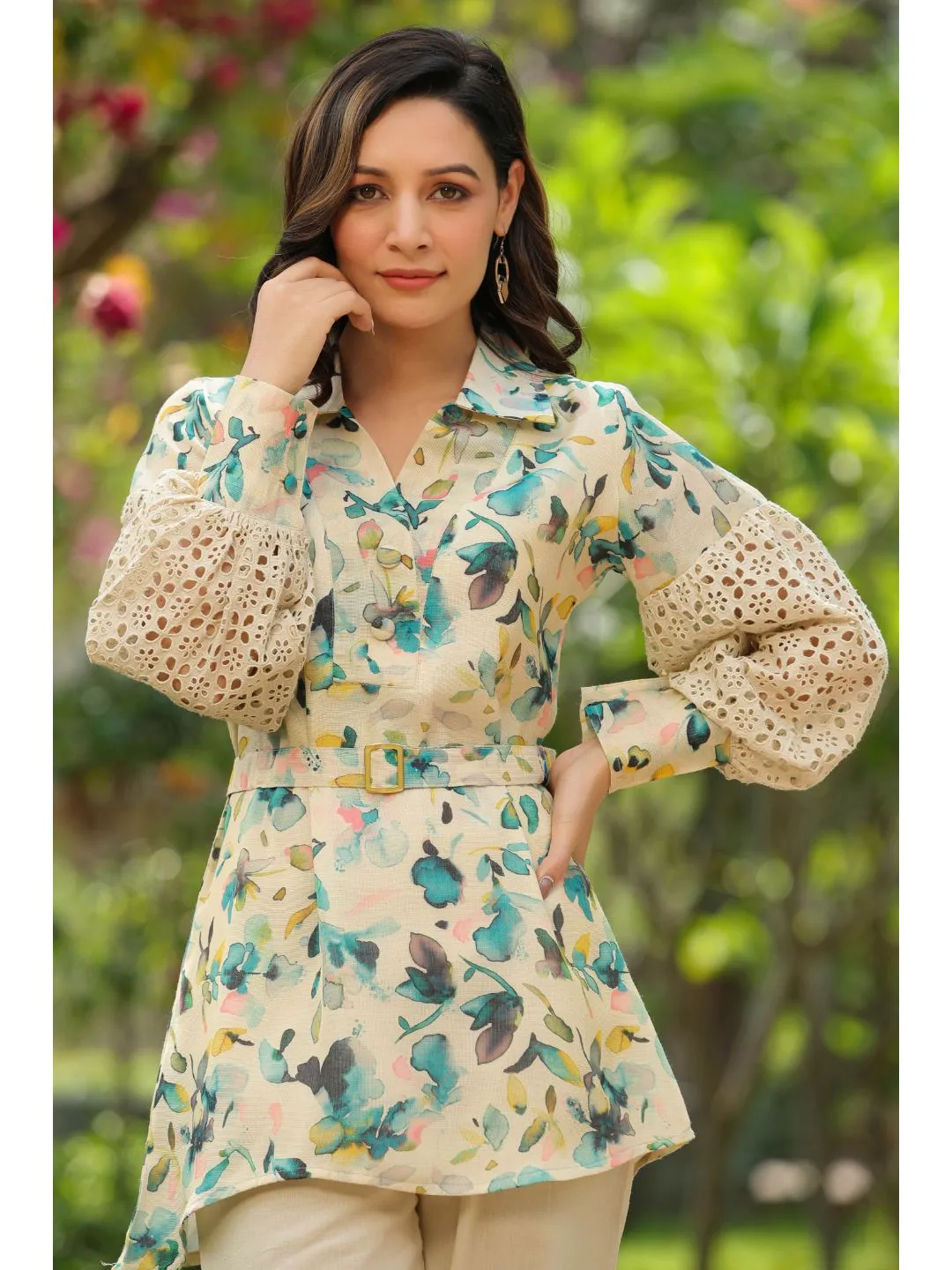 Beige Viscose Schiffli Designed Co-Ord Set