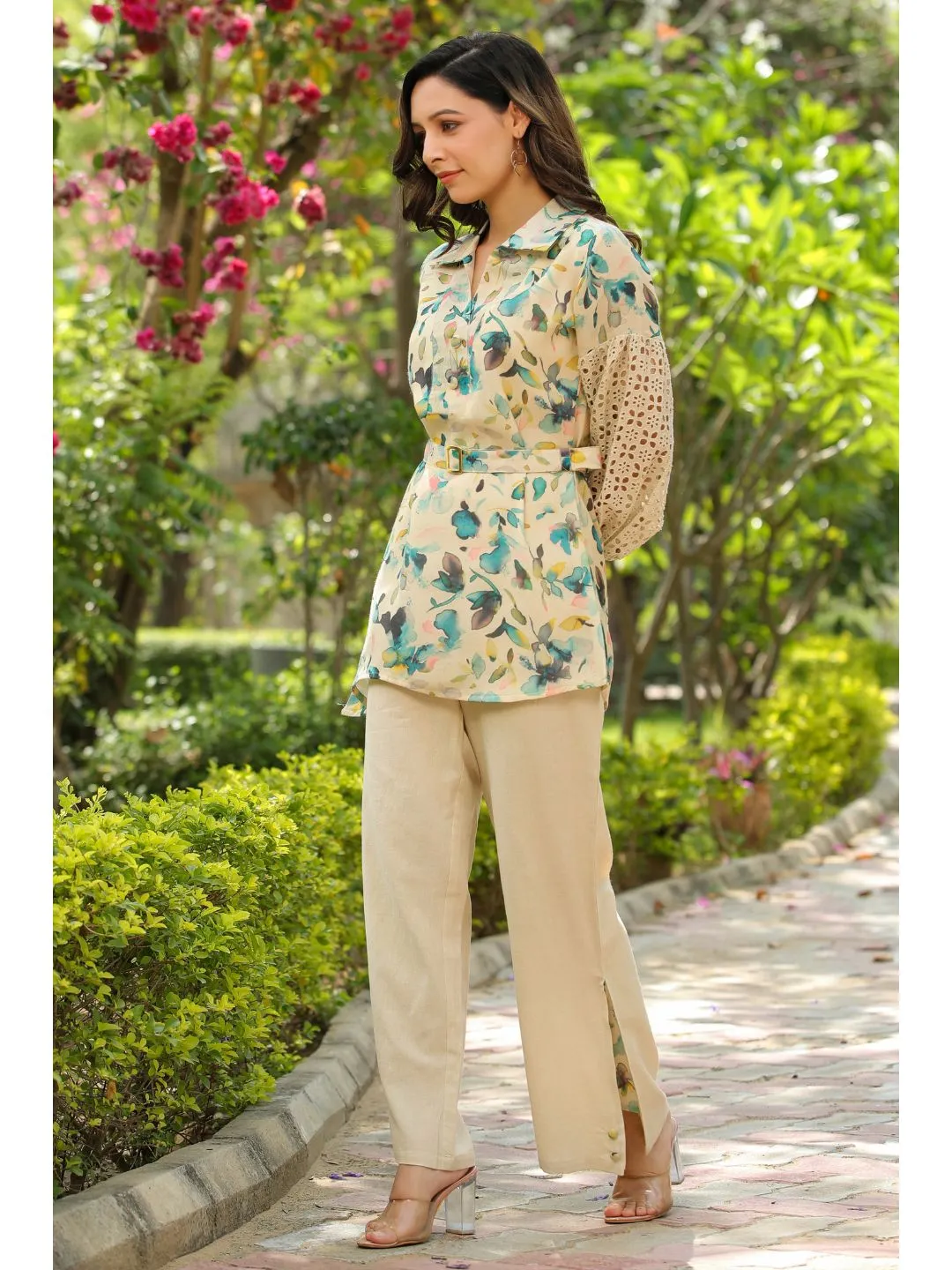 Beige Viscose Schiffli Designed Co-Ord Set