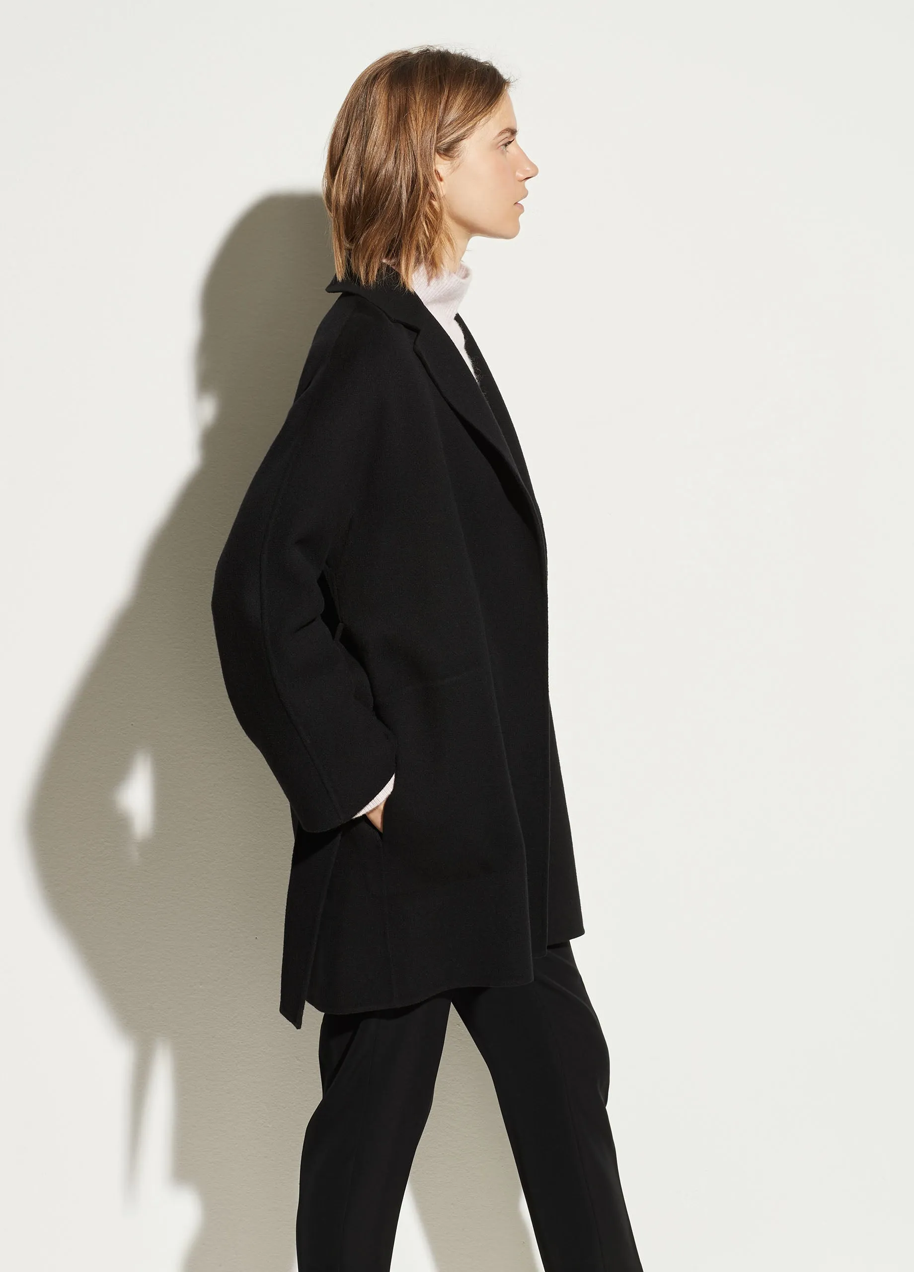Belted Wool Cardigan Coat in Black
