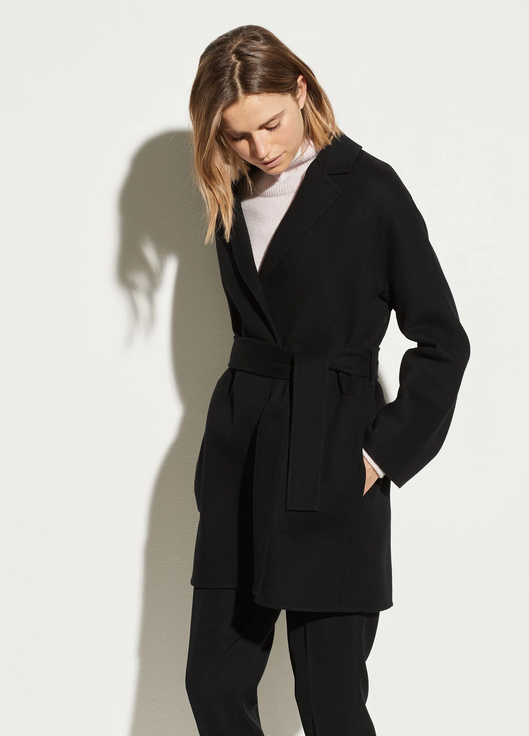 Belted Wool Cardigan Coat in Black