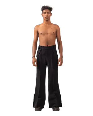 BLACK FRAYED KHADDAR DOUBLE-PLEATED PANTS
