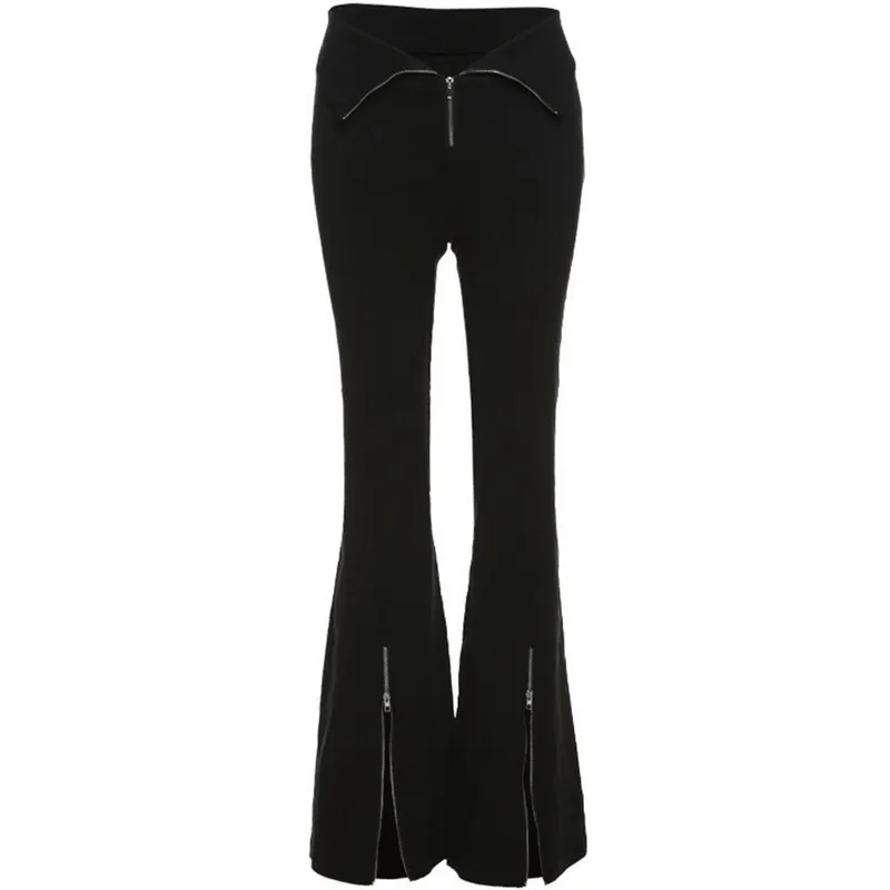 Black Stretch Split-hem Pants / High-waisted Zipper Flared Trousers / Women's Alternative Apparel