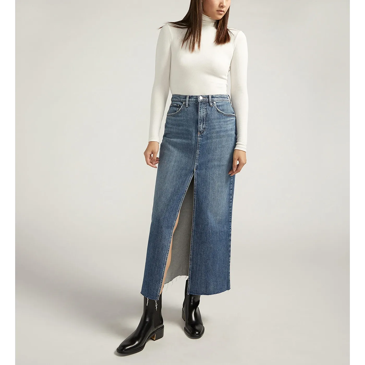Blue Front Slit Maxi Denim Skirt