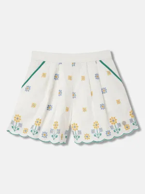 Blue Giraffe Girls White Embroidered Flared Mid-Rise Shorts