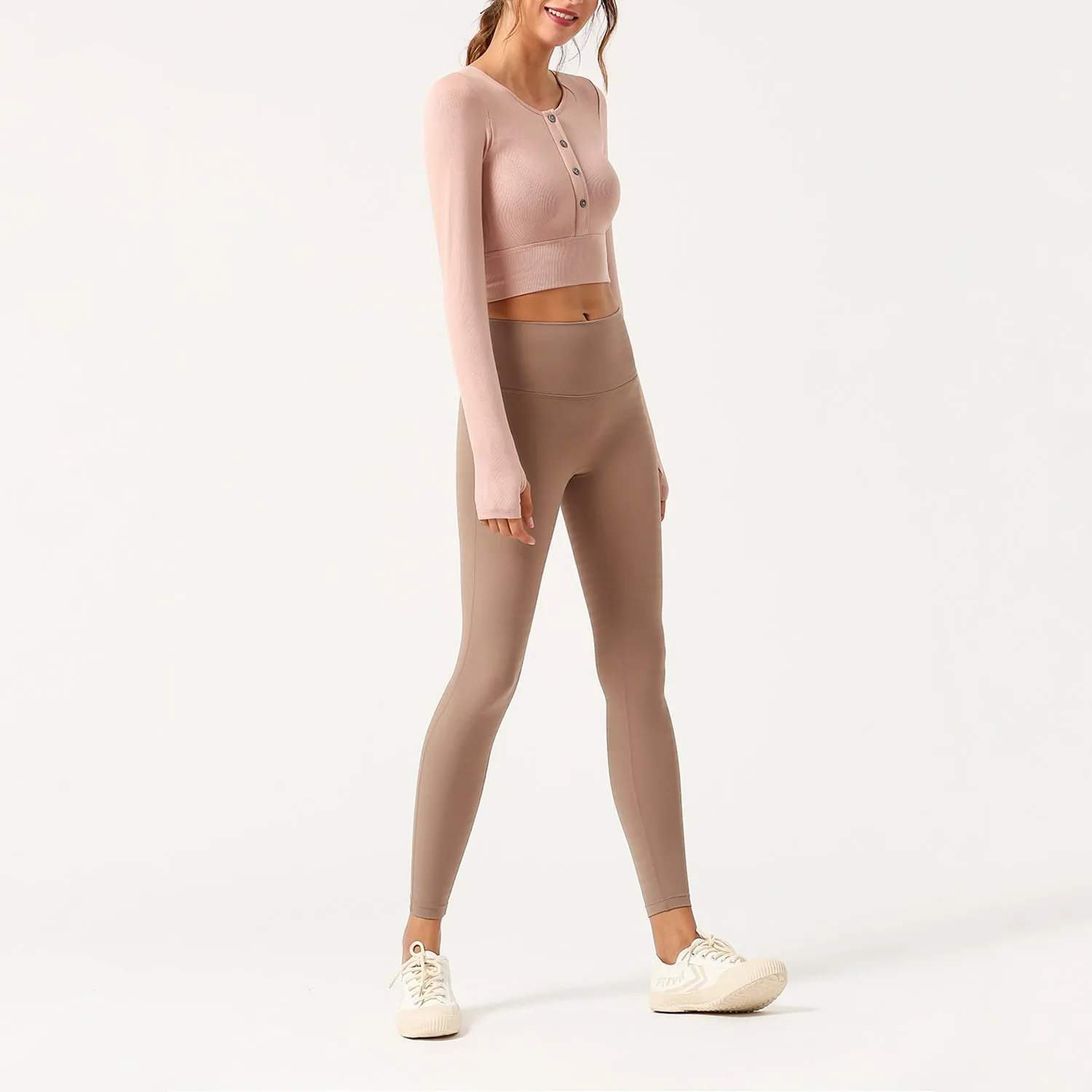 Button Long Sleeve Crop Top