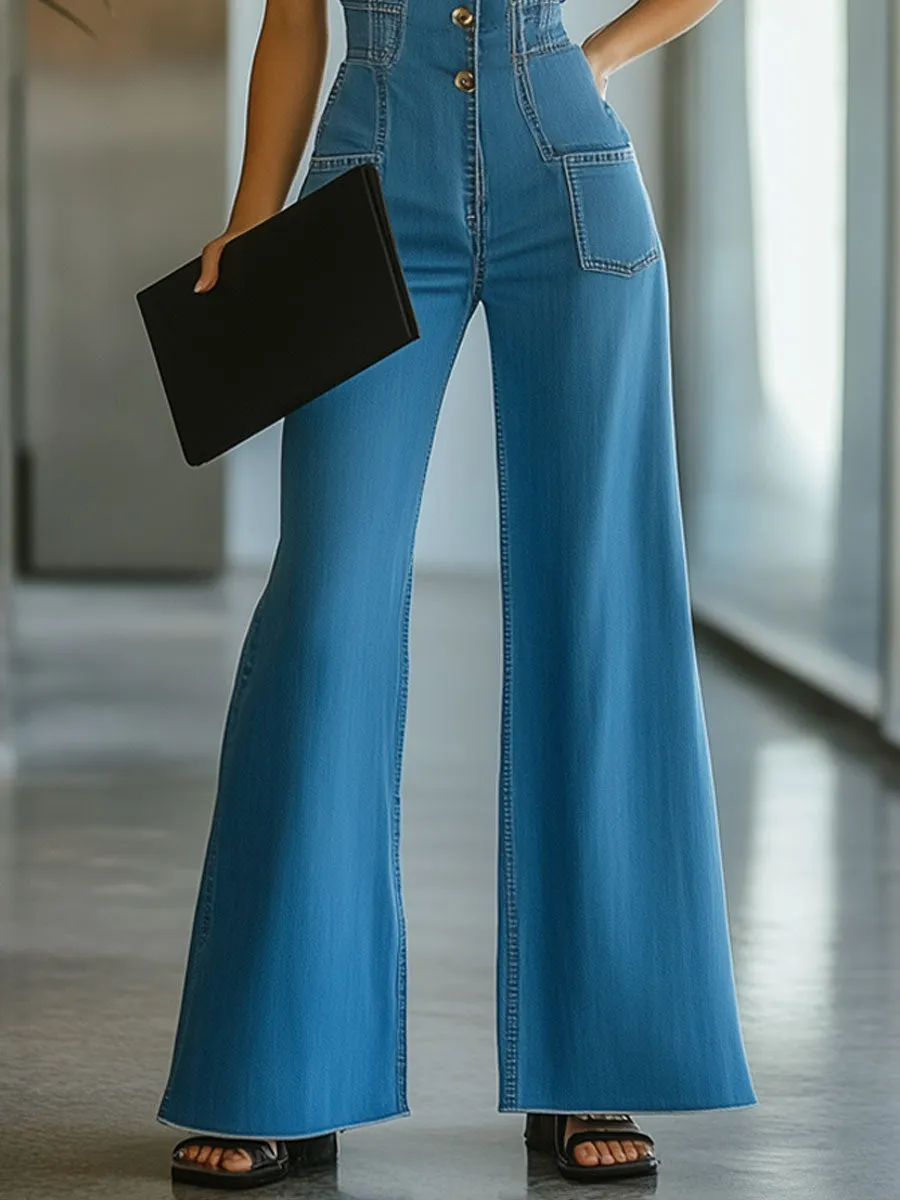 Casual Retro Blue Denim Sleeveless Flared Jumpsuit