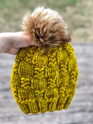 Checkerboard Slouch | LUXURY Handmade 100% Merino Wool Knit Beanie | Malabrigo Rasta | Detachable Faux Fur Pom Pom  | ADULT size | Ready To Ship