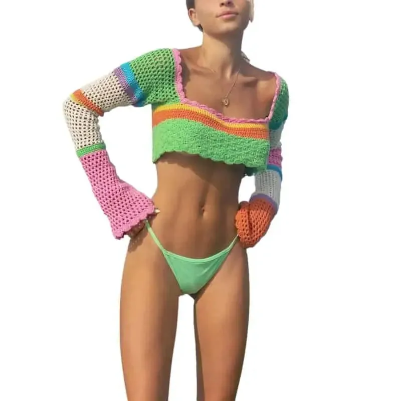 Crochet Crop Tops Square Neck Long Sleeve Knitted Camisole