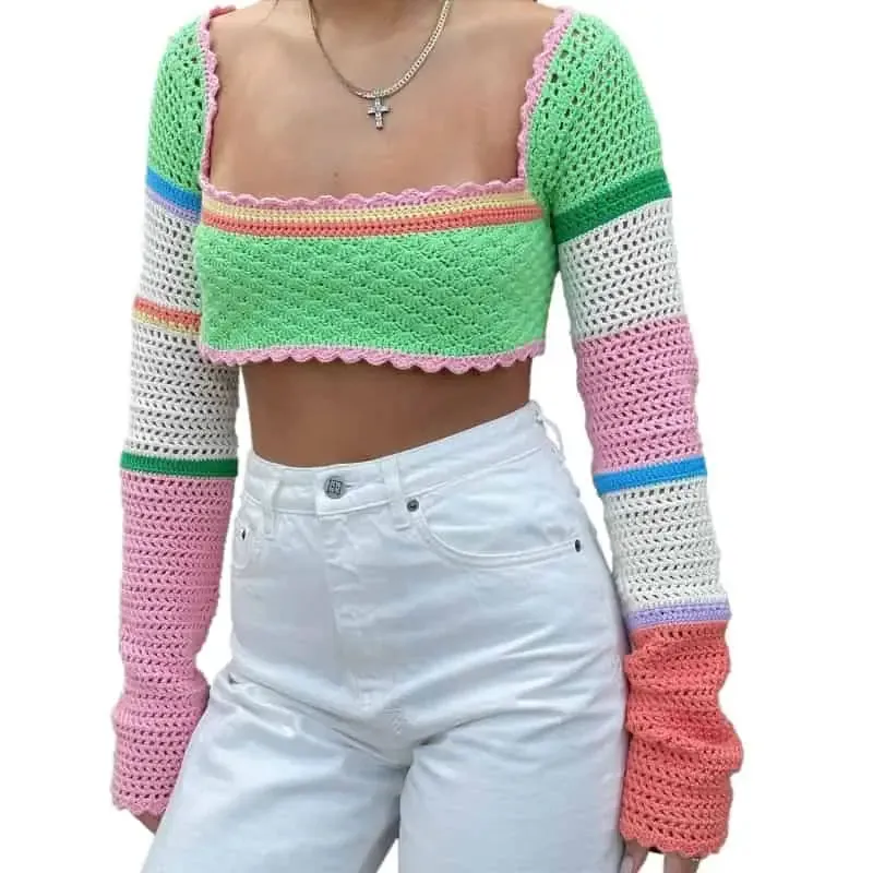 Crochet Crop Tops Square Neck Long Sleeve Knitted Camisole