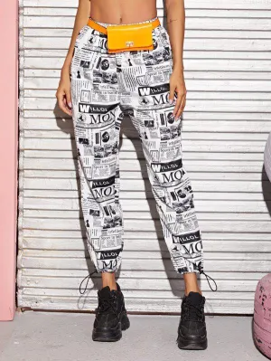 Drawstring Hem Newspaper Print Pants Without Bag
