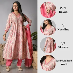 Ekisha's women printed pink rayon kurta and pant set with dupatta