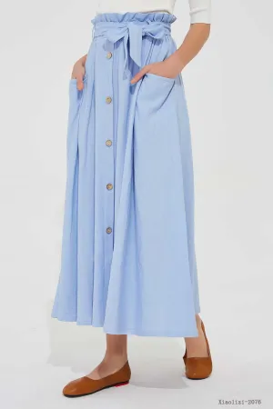 elastic waist blue linen skirt, long linen skirt 2076
