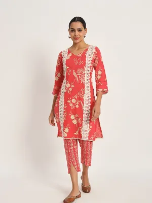 Etcetra Red Cotton Straight Co-Ord Set