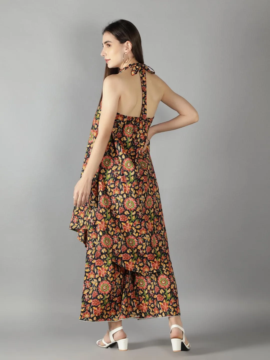 Evening Blue Halter Neck Kurta With Flared Pants