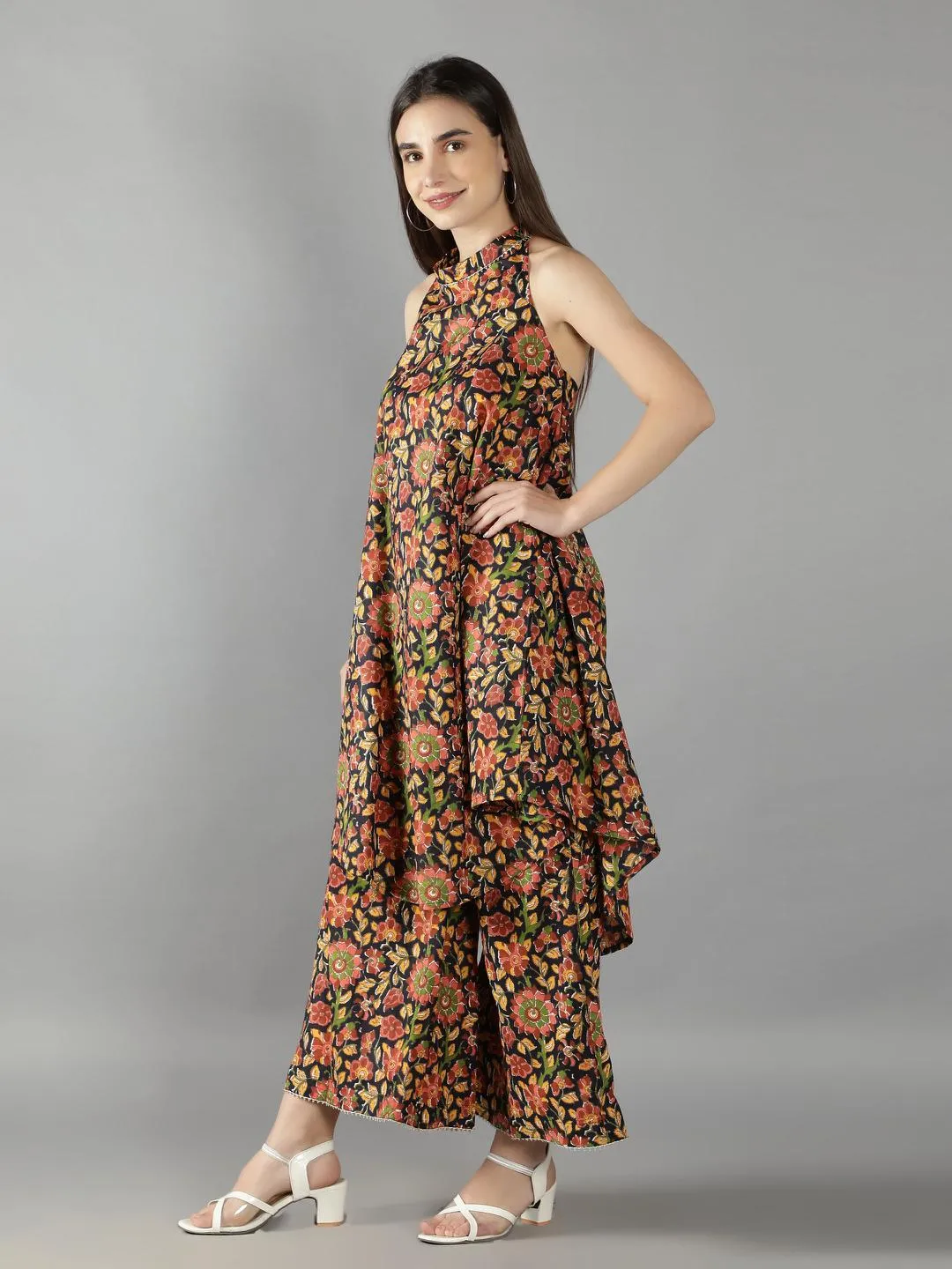 Evening Blue Halter Neck Kurta With Flared Pants