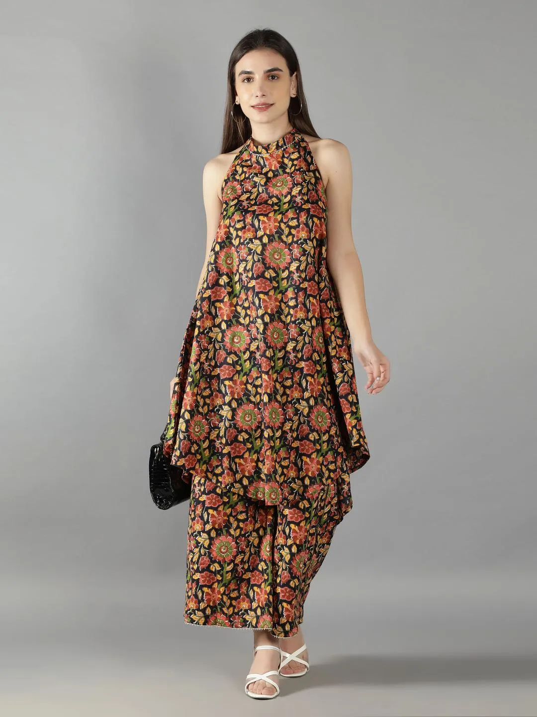 Evening Blue Halter Neck Kurta With Flared Pants
