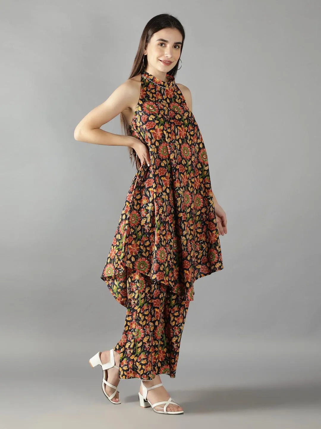 Evening Blue Halter Neck Kurta With Flared Pants