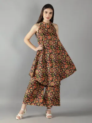 Evening Blue Halter Neck Kurta With Flared Pants