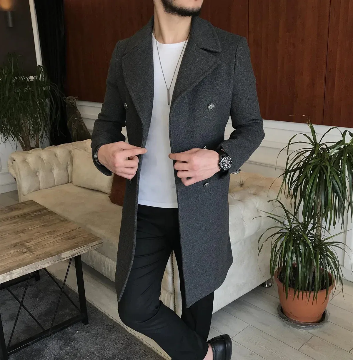 Frost Slim Fit Dark Grey Double Breasted Wool Over Coat by ITALIAN VEGA®