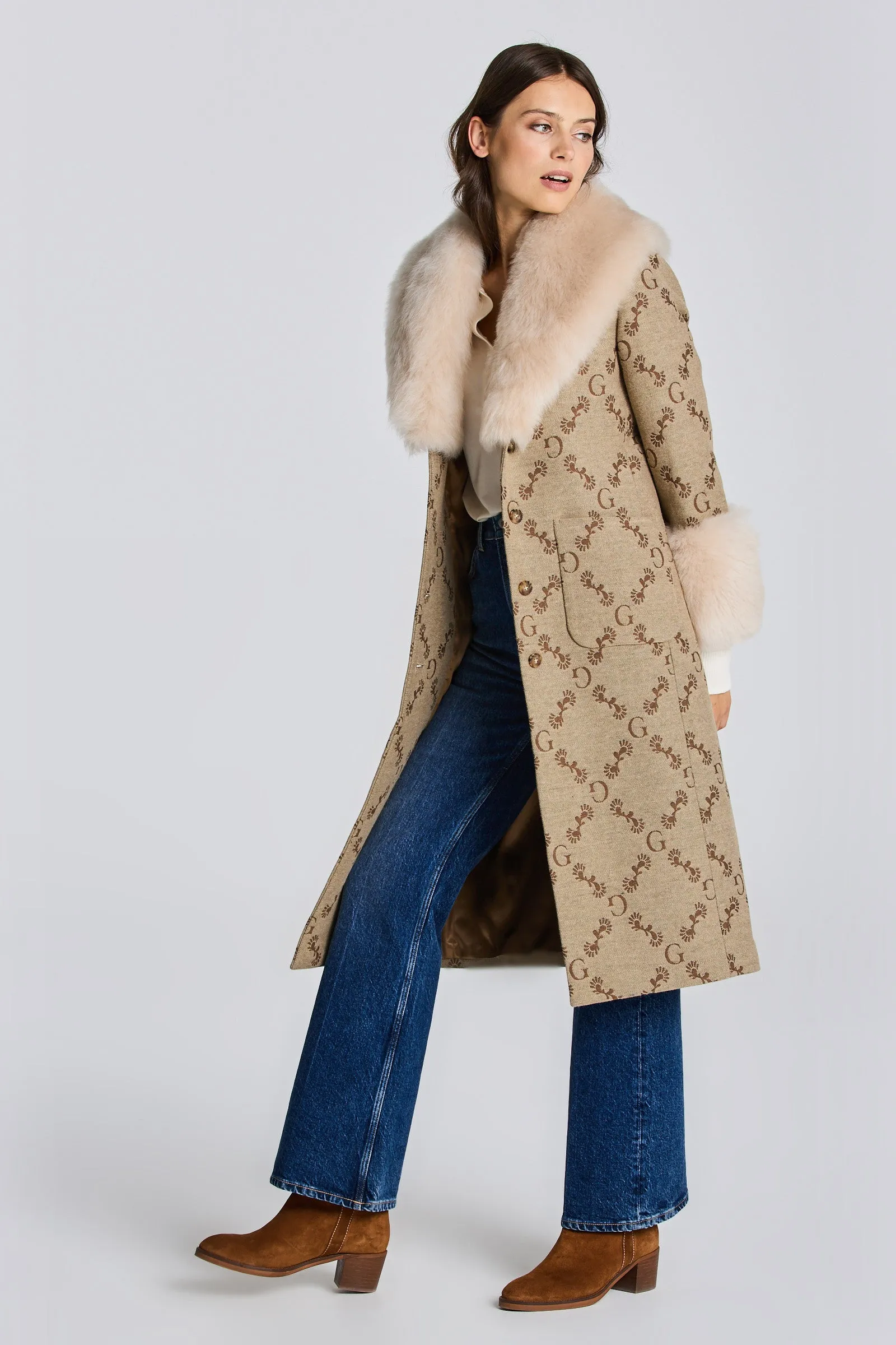 GANT  Toffee Beige Wool Jacquard Monogram Coat