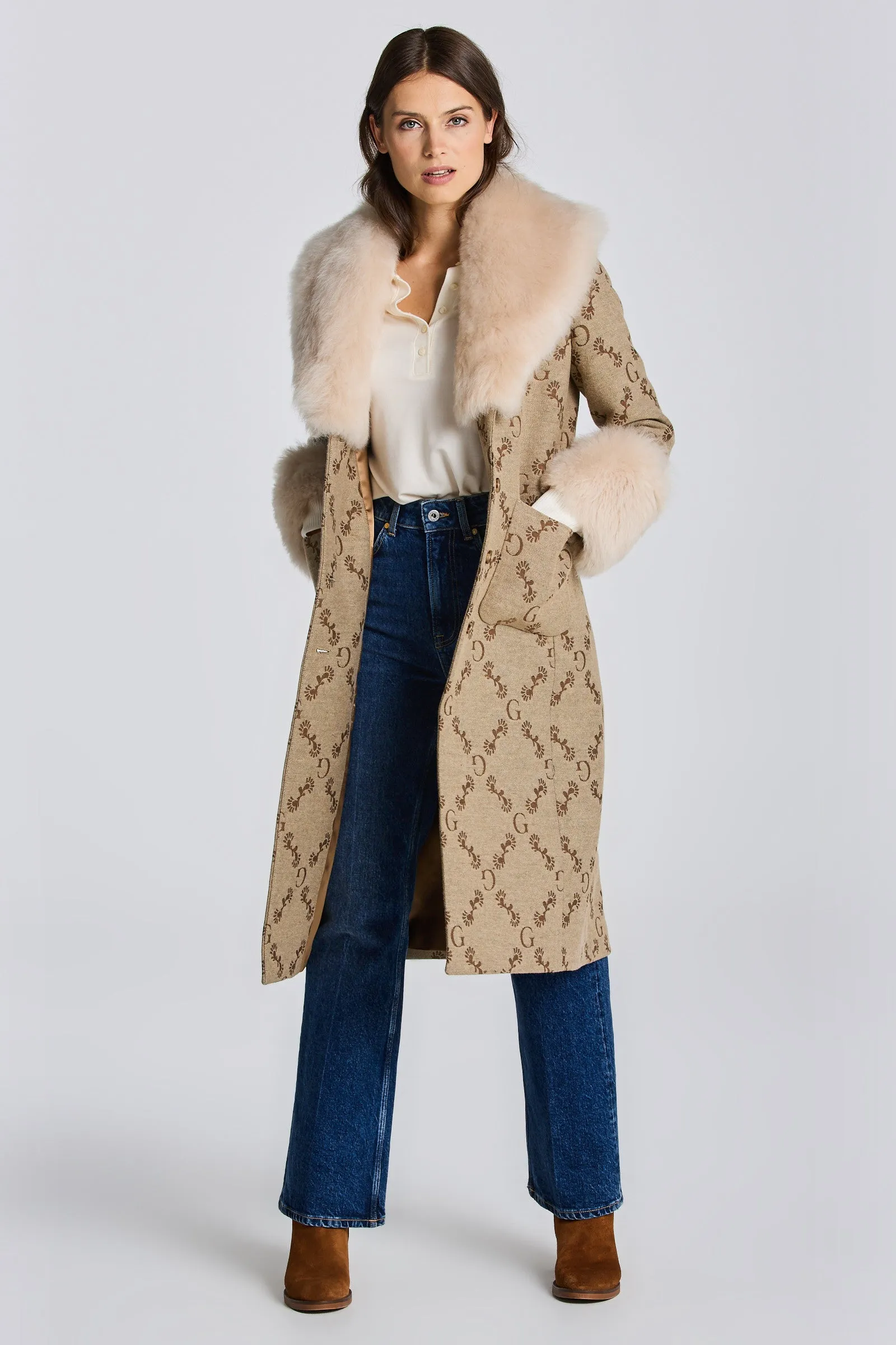 GANT  Toffee Beige Wool Jacquard Monogram Coat