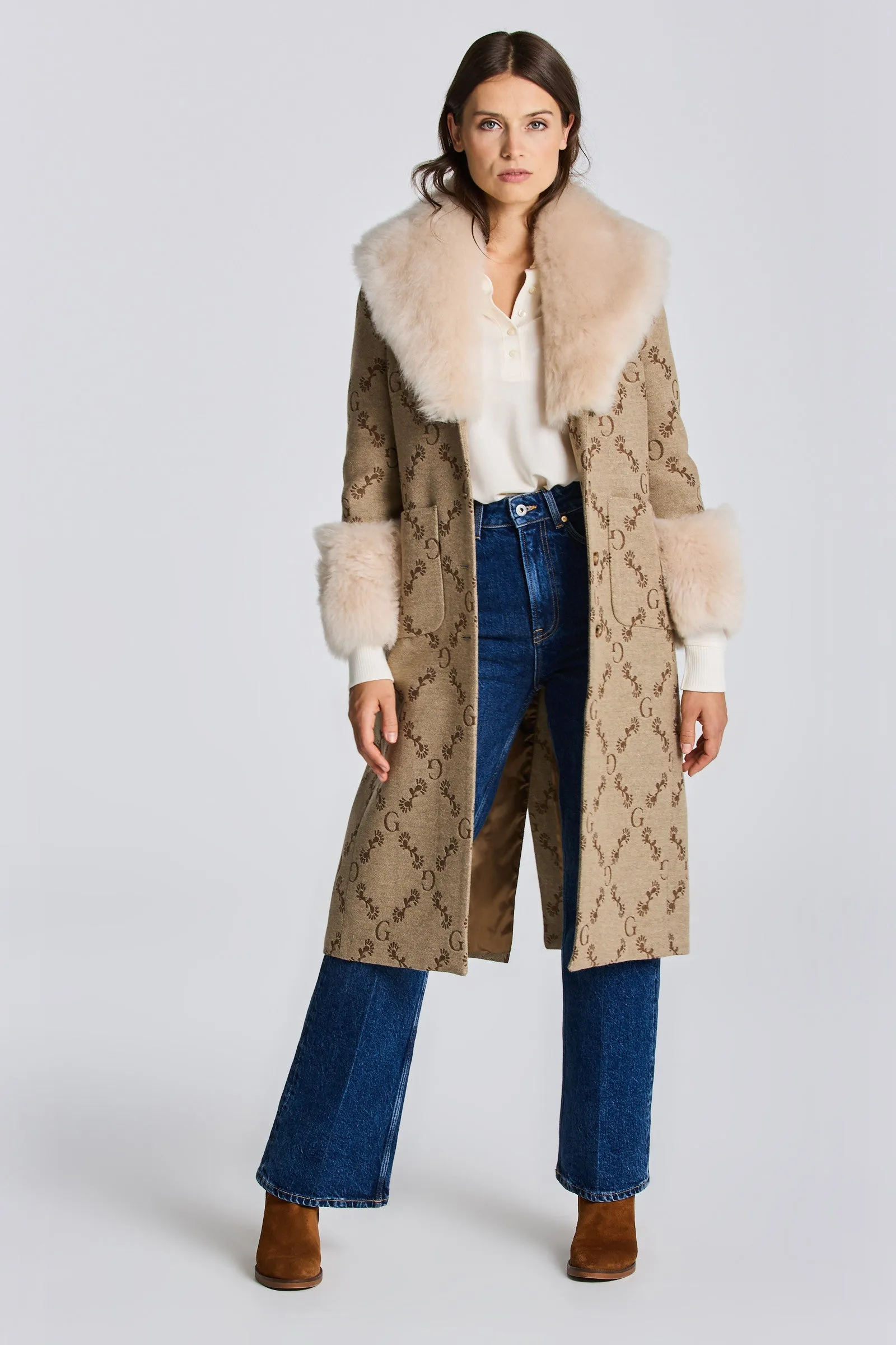 GANT  Toffee Beige Wool Jacquard Monogram Coat
