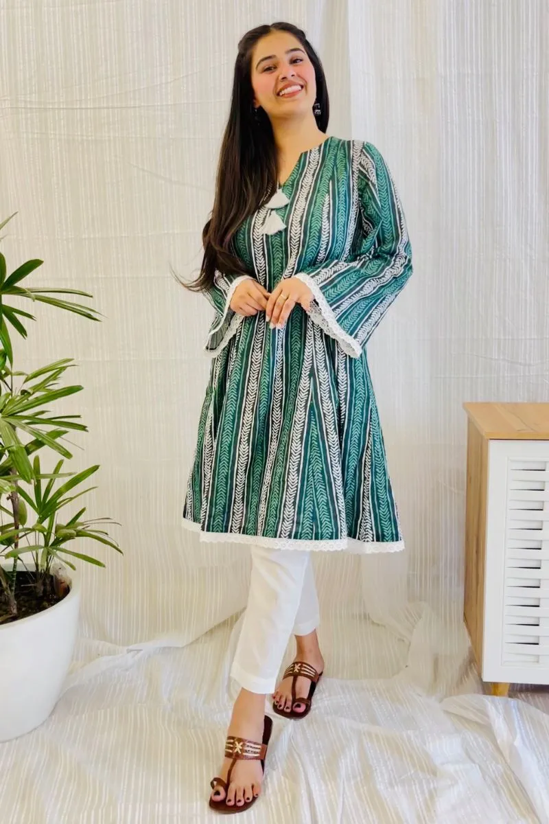 Green Block Print Lace Detail Kurta
