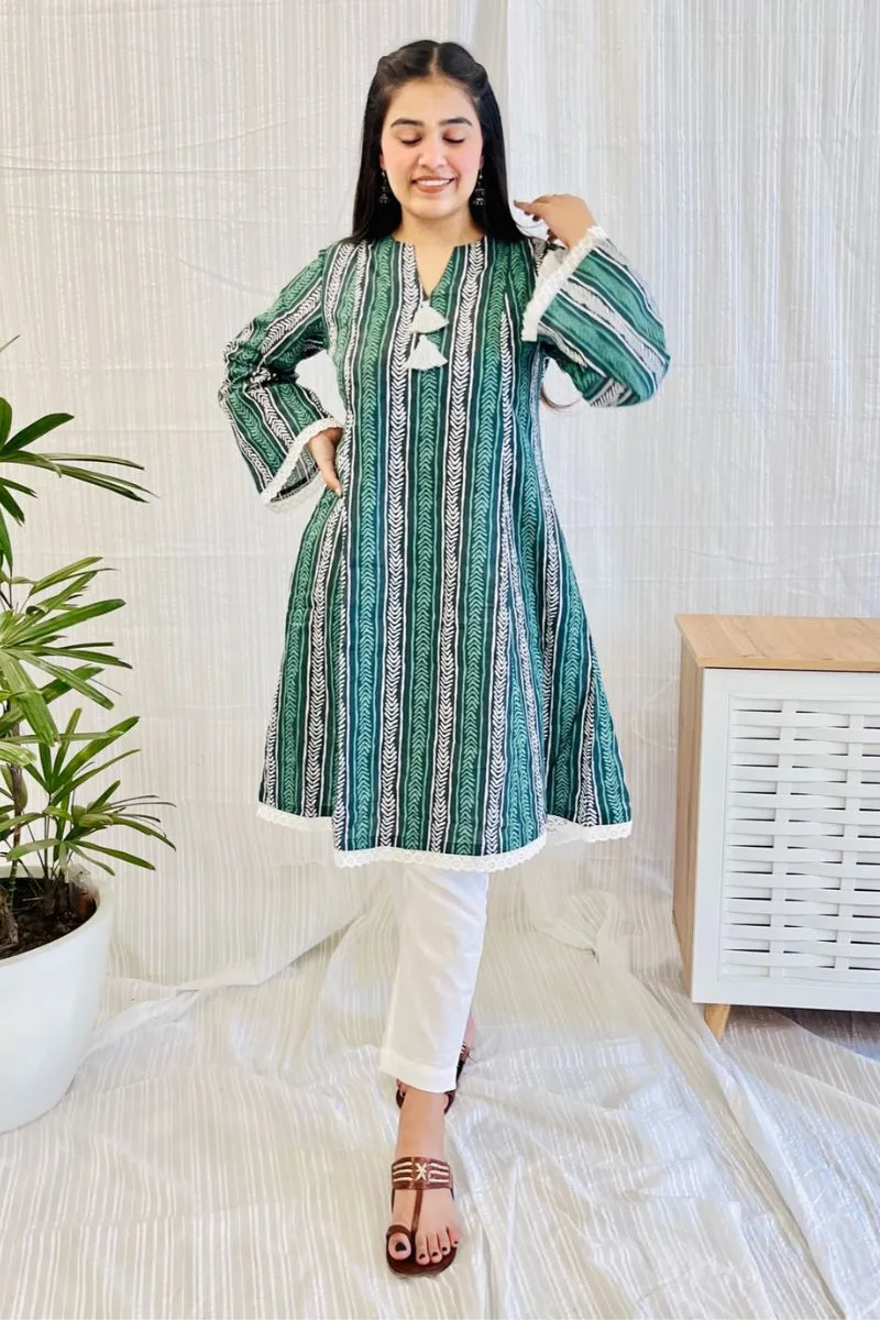 Green Block Print Lace Detail Kurta