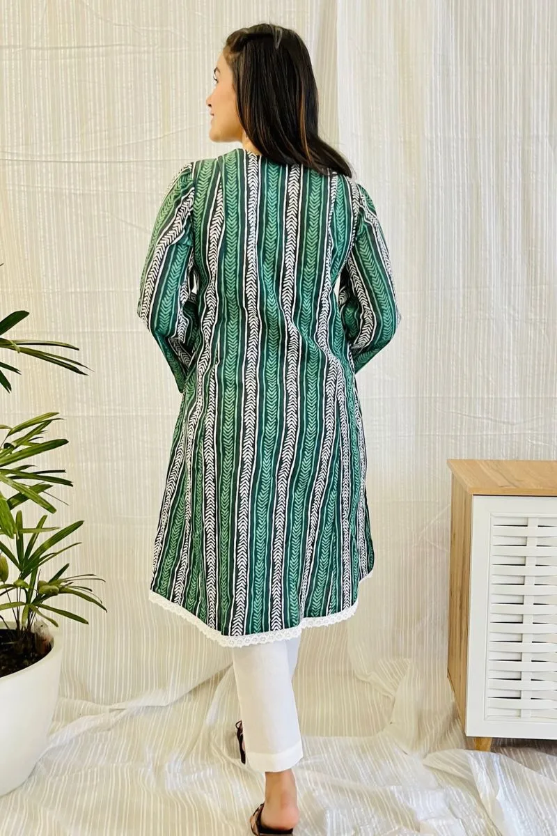 Green Block Print Lace Detail Kurta