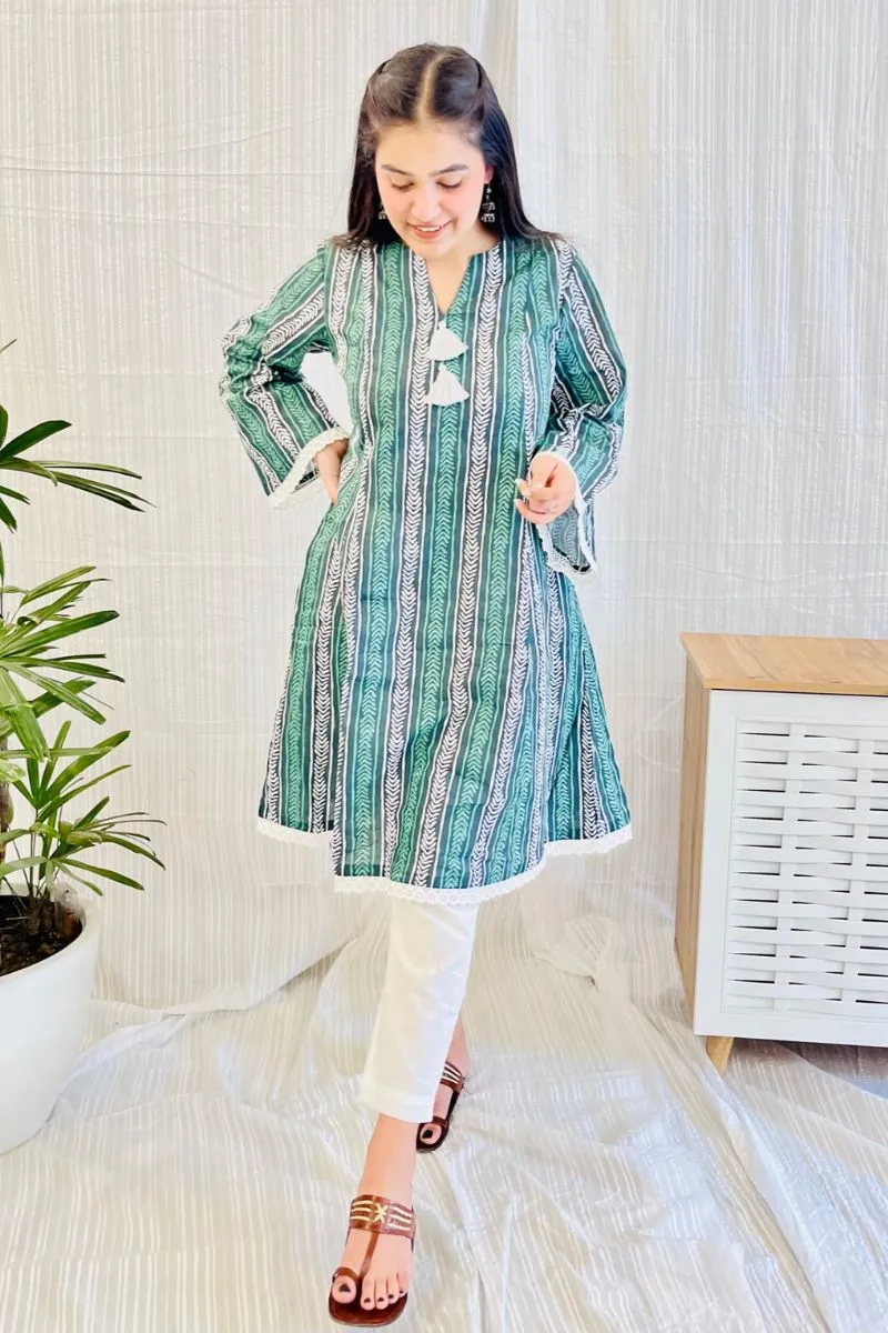 Green Block Print Lace Detail Kurta