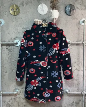 hooded flower wool coat red black