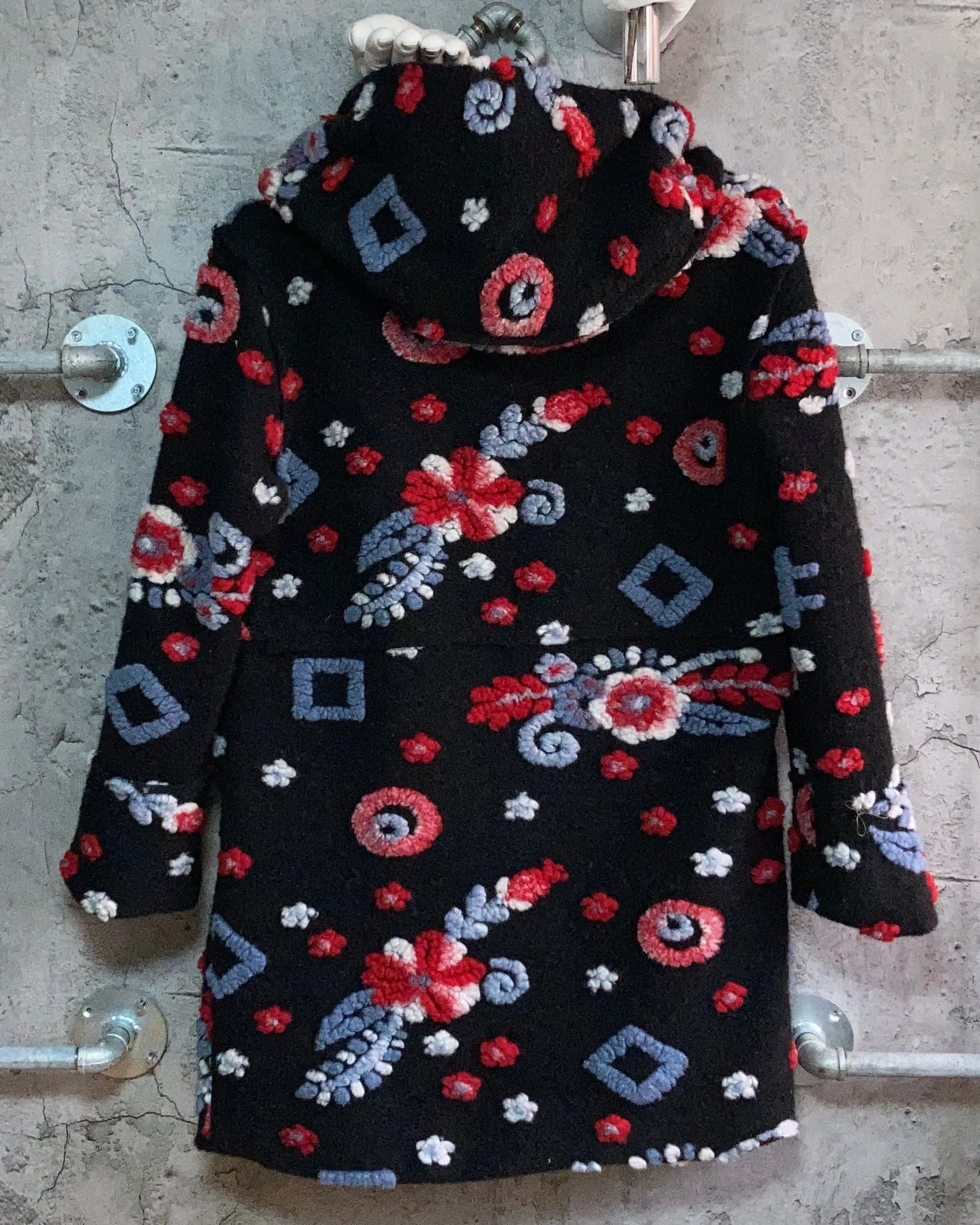 hooded flower wool coat red black