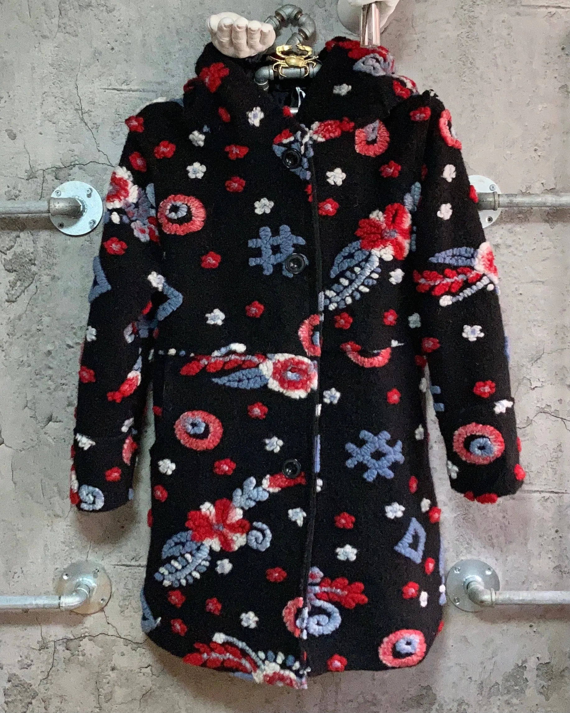 hooded flower wool coat red black