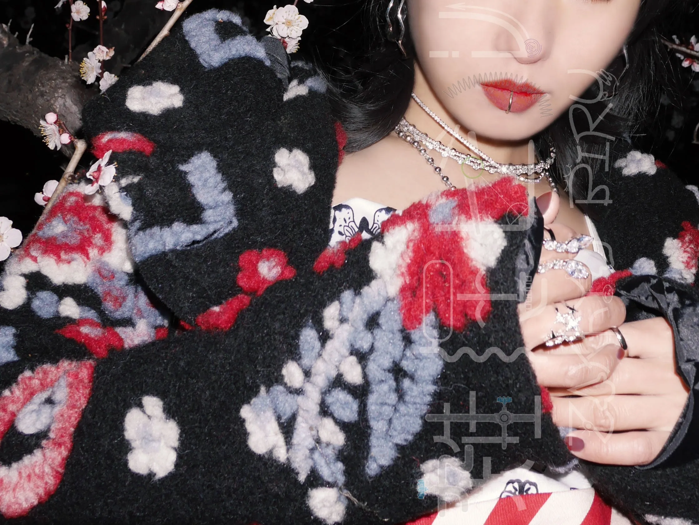hooded flower wool coat red black