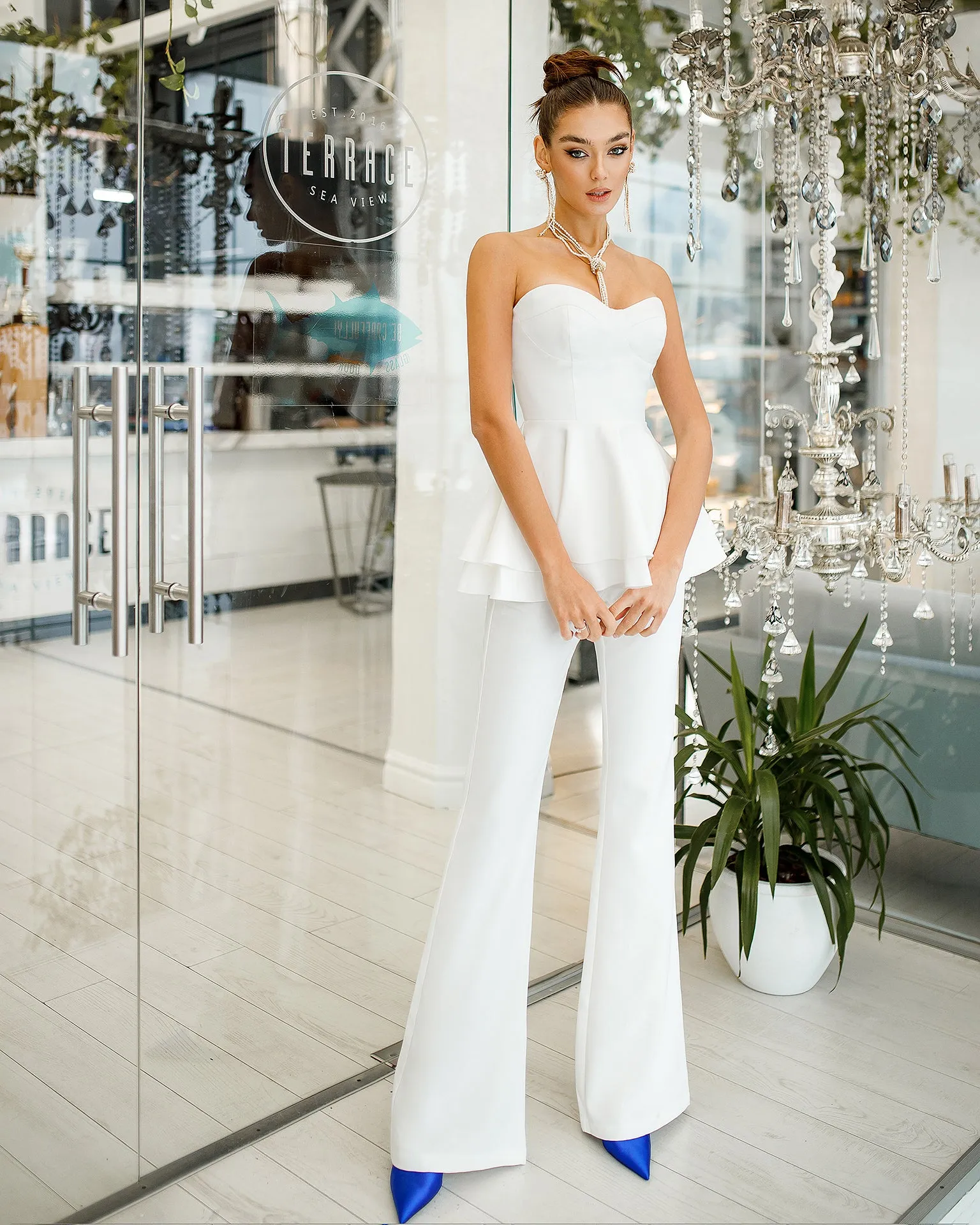 Ivory Sweetheart Peplum Top & Flared Pants 2-Piece Set