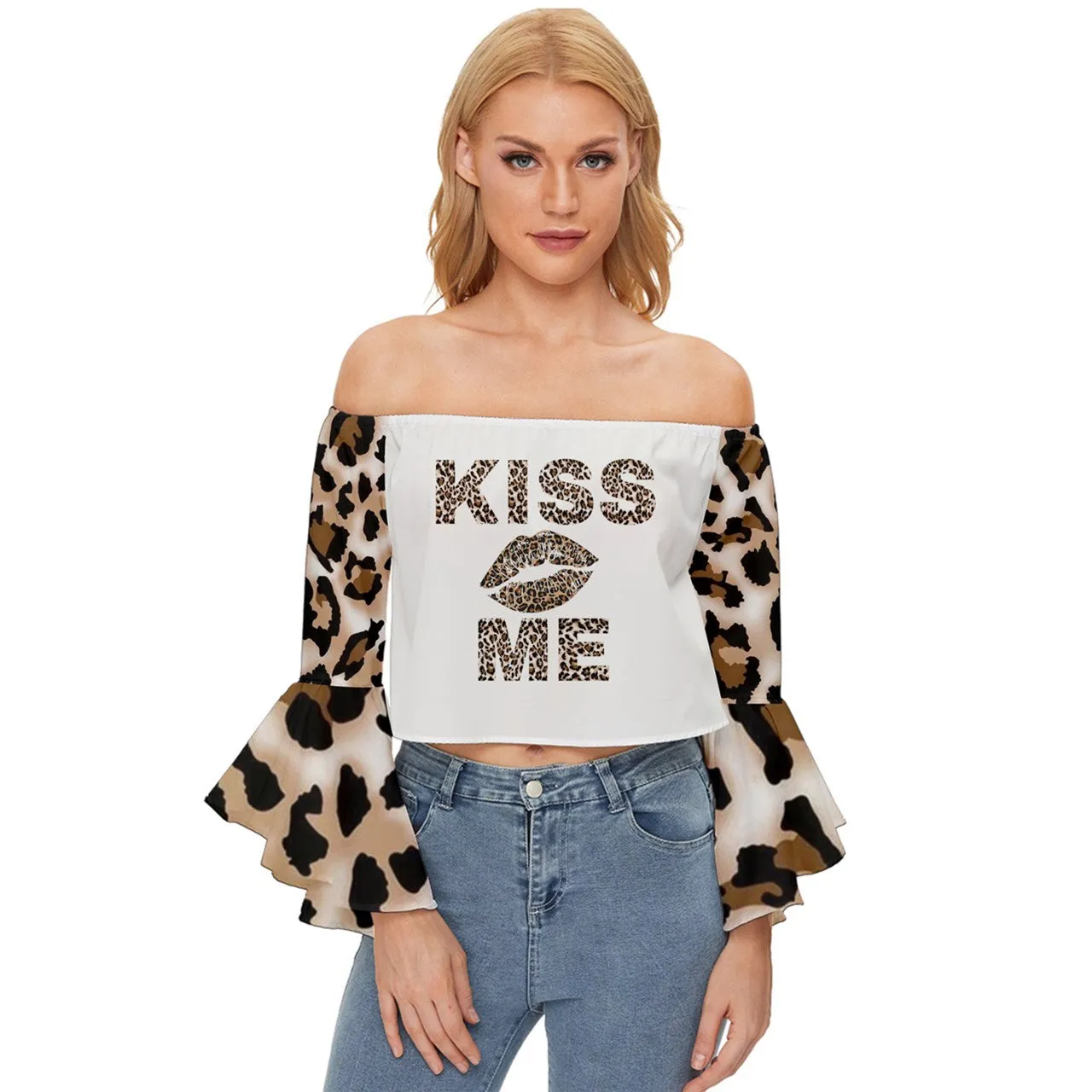 Kiss Me Leopard Off Shoulder Flutter Bell Sleeve Top