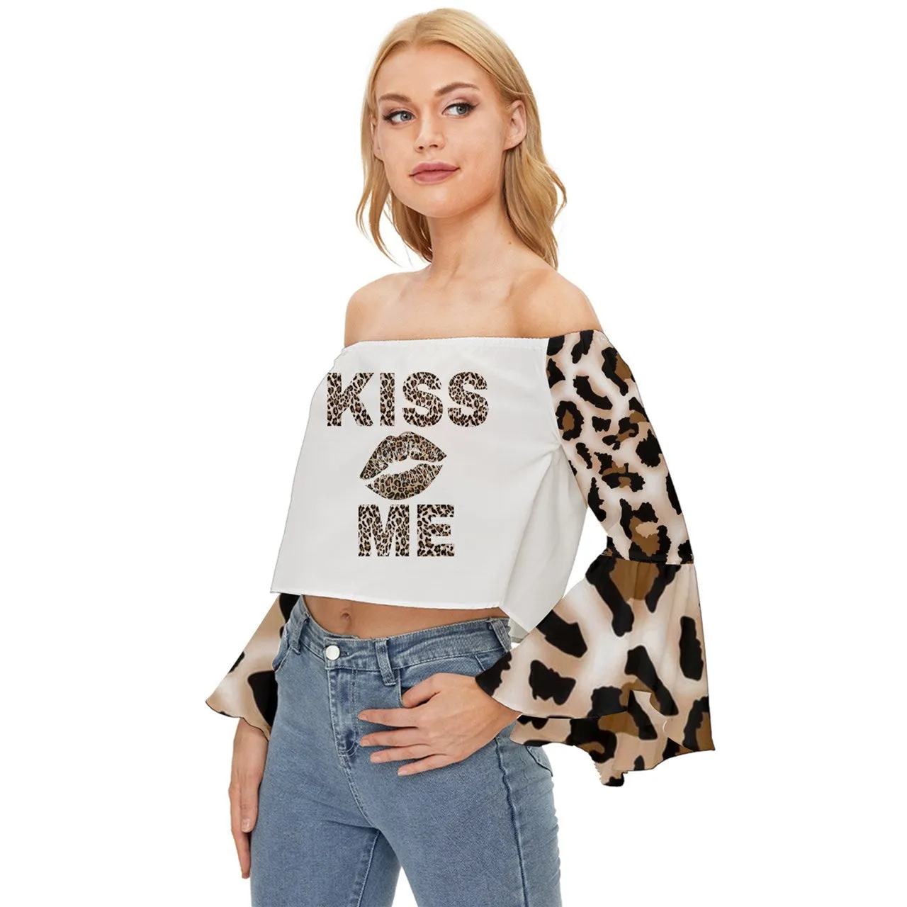 Kiss Me Leopard Off Shoulder Flutter Bell Sleeve Top