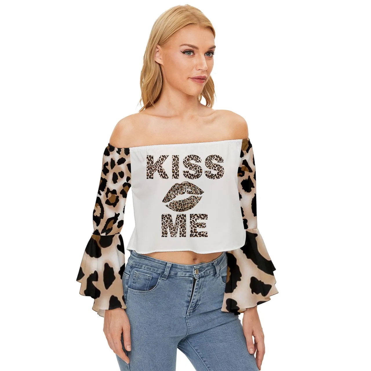 Kiss Me Leopard Off Shoulder Flutter Bell Sleeve Top