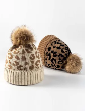 Ladies Leopard Knit Faux Mink Ball Knit Hat SKAH4211